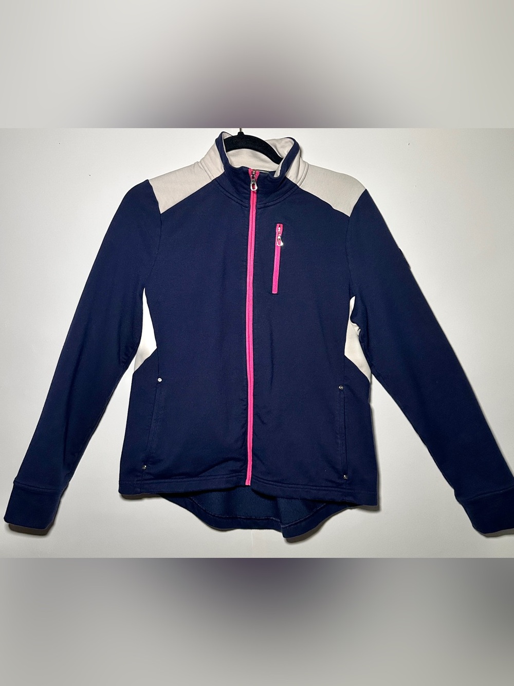Vintage Ralph Lauren Navy Utility Jacket with Cream Panels and Pink Zip